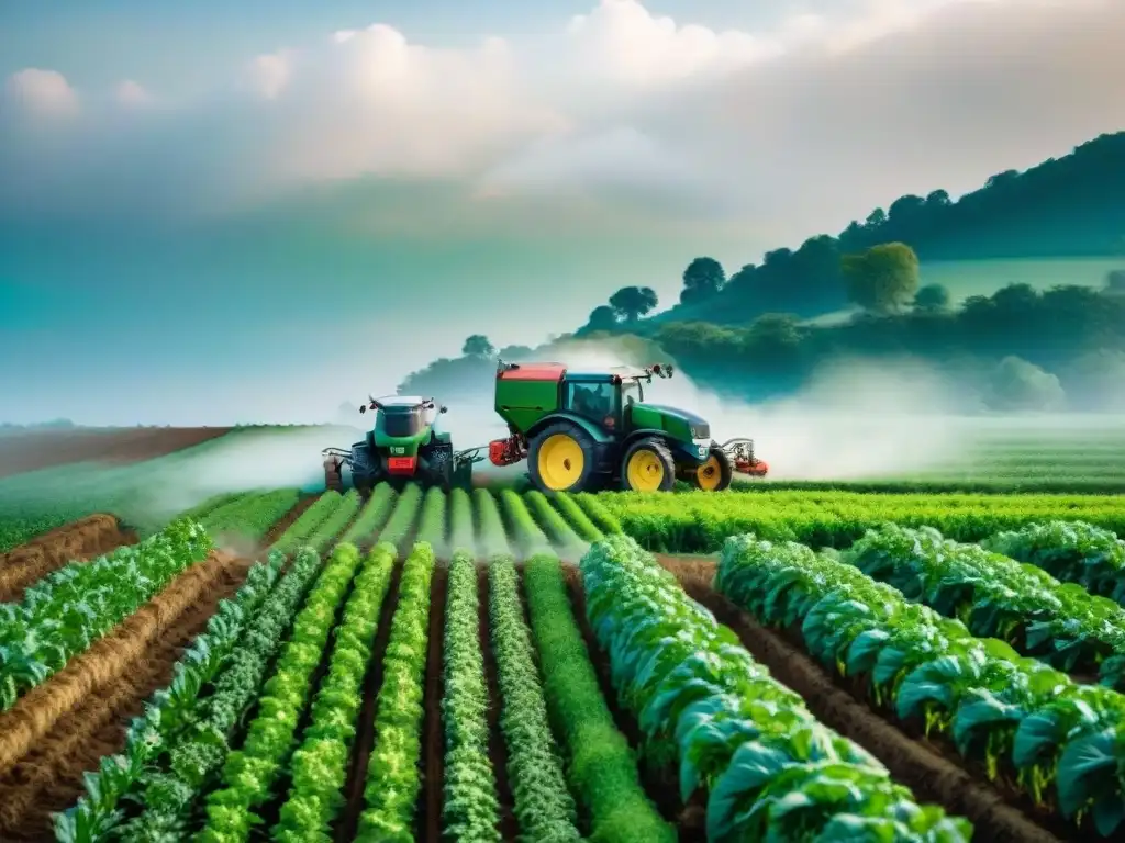 Fotografía documental de agricultores indígenas trabajando en armonía con asistentes tecnológicos en un campo verde exuberante