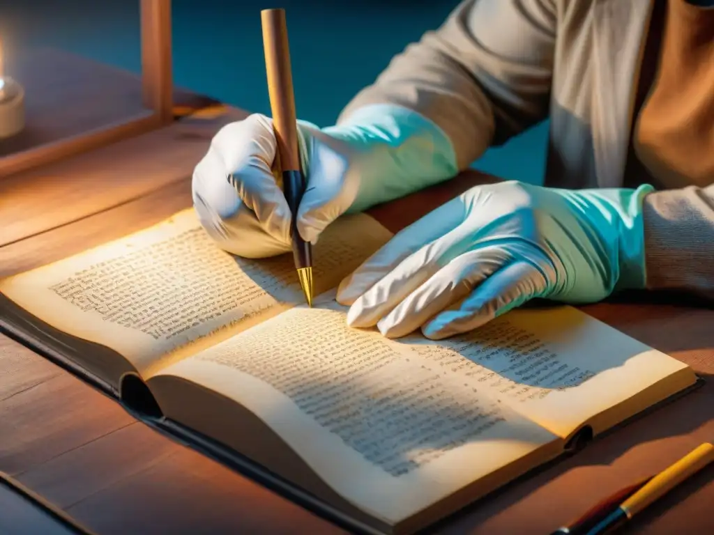 Conservación de documentos históricos indígenas: Restauración detallada de un manuscrito antiguo con símbolos vibrantes