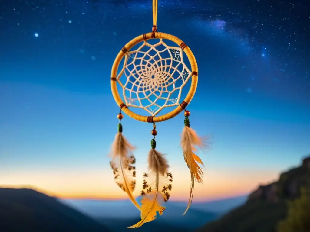 Dreamcatcher vibrante tejido a mano en la noche estrellada, conectando sueños y sabiduría ancestral en culturas indígenas