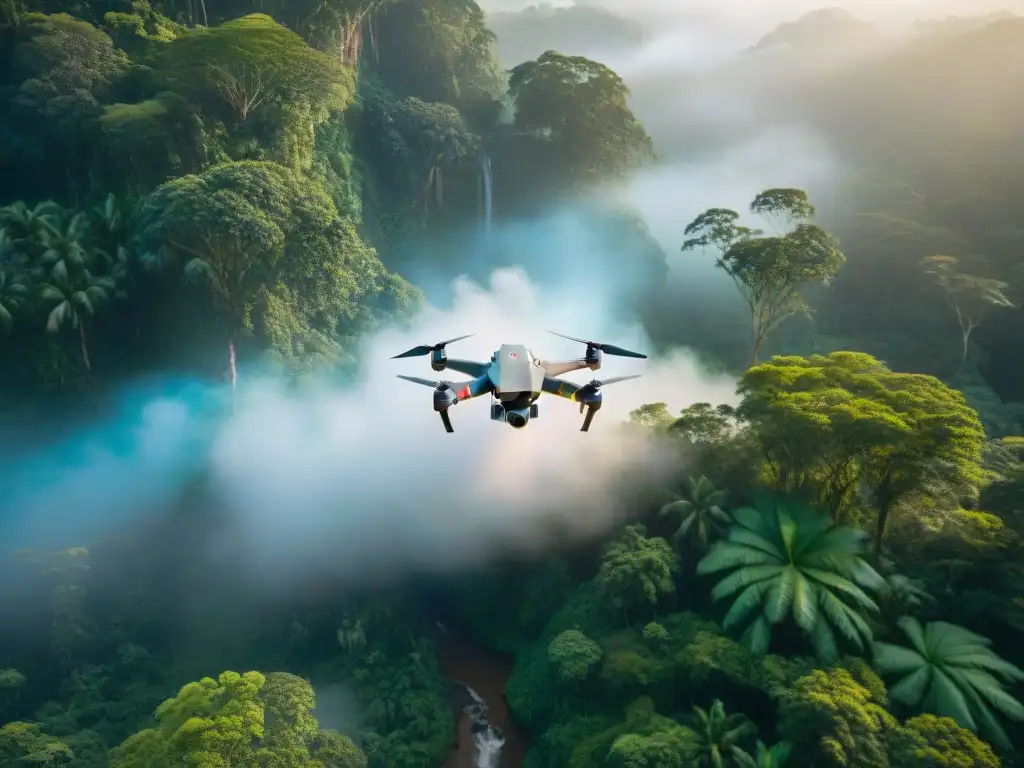 Un drone sobre la selva con indígenas y mapas digitales, destacando el mapeo drones legado indígena