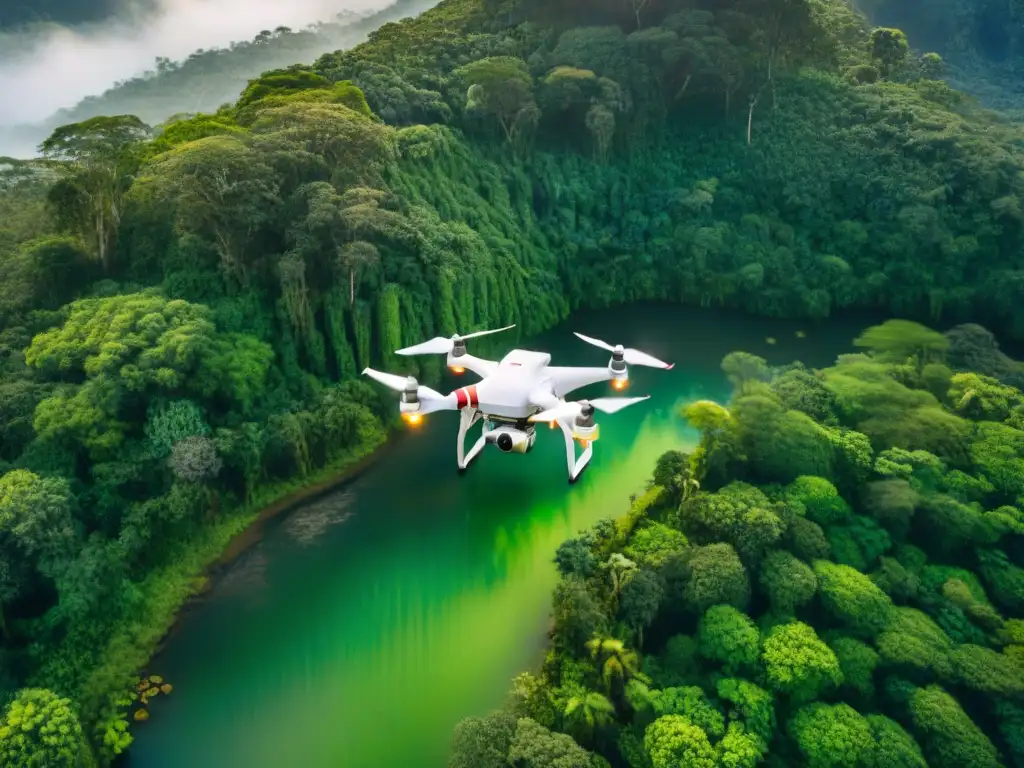 Drones en la autonomía indígena: Vista aérea de selva exuberante con comunidad nativa realizando actividades tradicionales