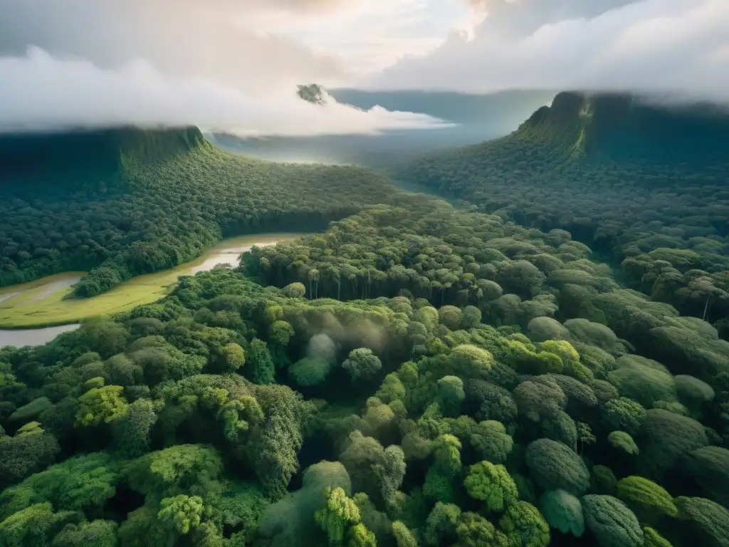 Drones para defensa de territorios indígenas: Vista aérea de exuberante selva con ríos serpenteantes y aldea nativa entre árboles