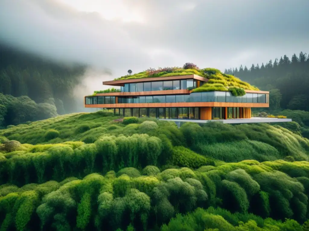 Un edificio ecoamigable moderno integrado con el legado indígena en un paisaje verde exuberante