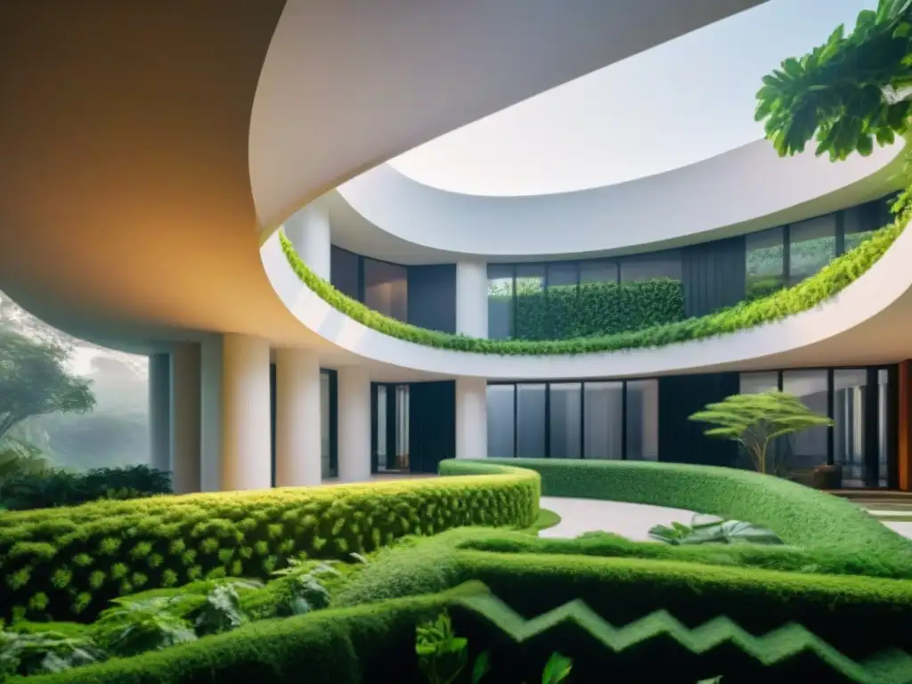 Edificio moderno inspirado en la arquitectura maya con sostenibilidad y diseño innovador, rodeado de exuberante vegetación