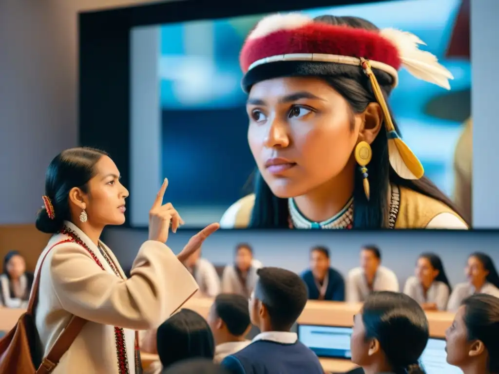 Un educador indígena comparte historia frente a estudiantes diversos en un aula culturalmente rica