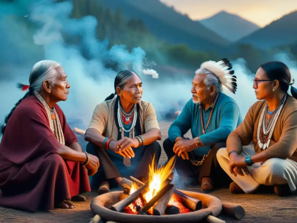 Sabiduría ancestral: ancianos indígenas en fogata Elders indígenas en campamento nocturno, transmitiendo sabiduría ancestral