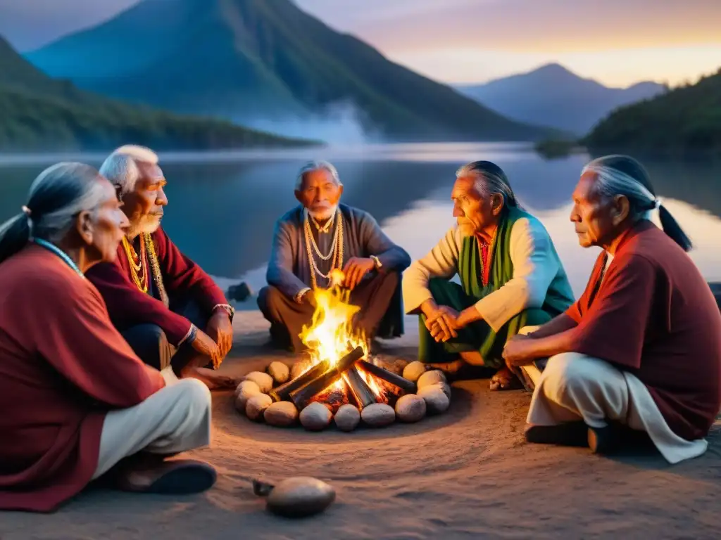 Elders indígenas revitalizando cantos tradicionales alrededor del fuego nocturno