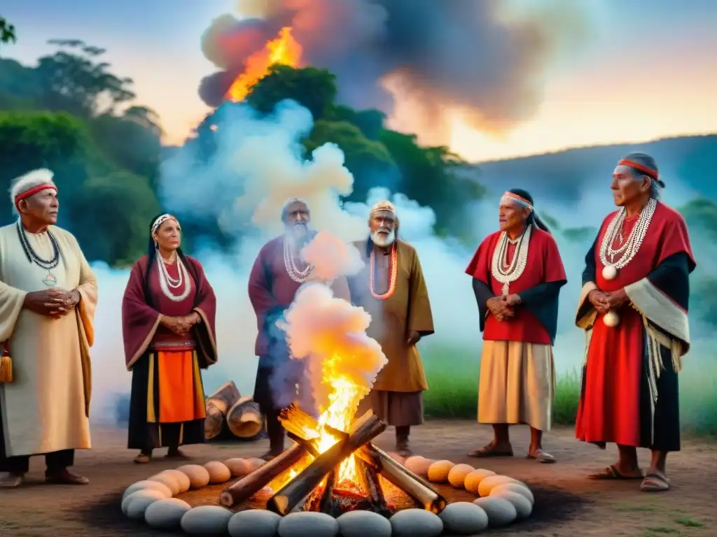 Elders indígenas en ceremonia alrededor de fogata bajo cielo estrellado