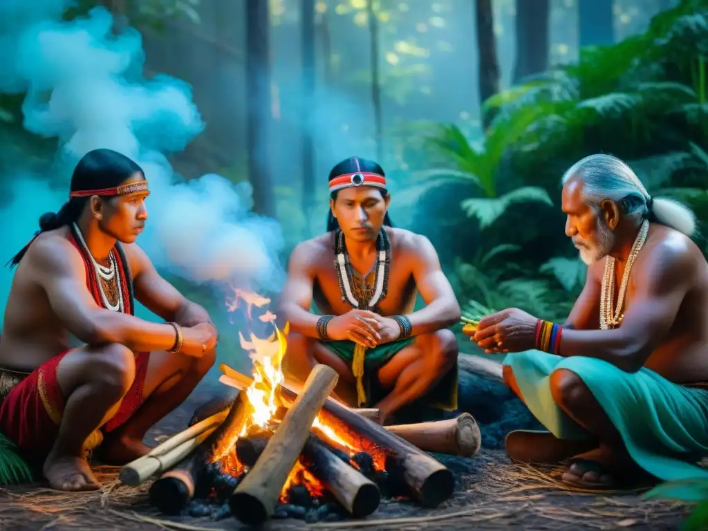 Elders indígenas en ceremonia alrededor del fuego en la selva