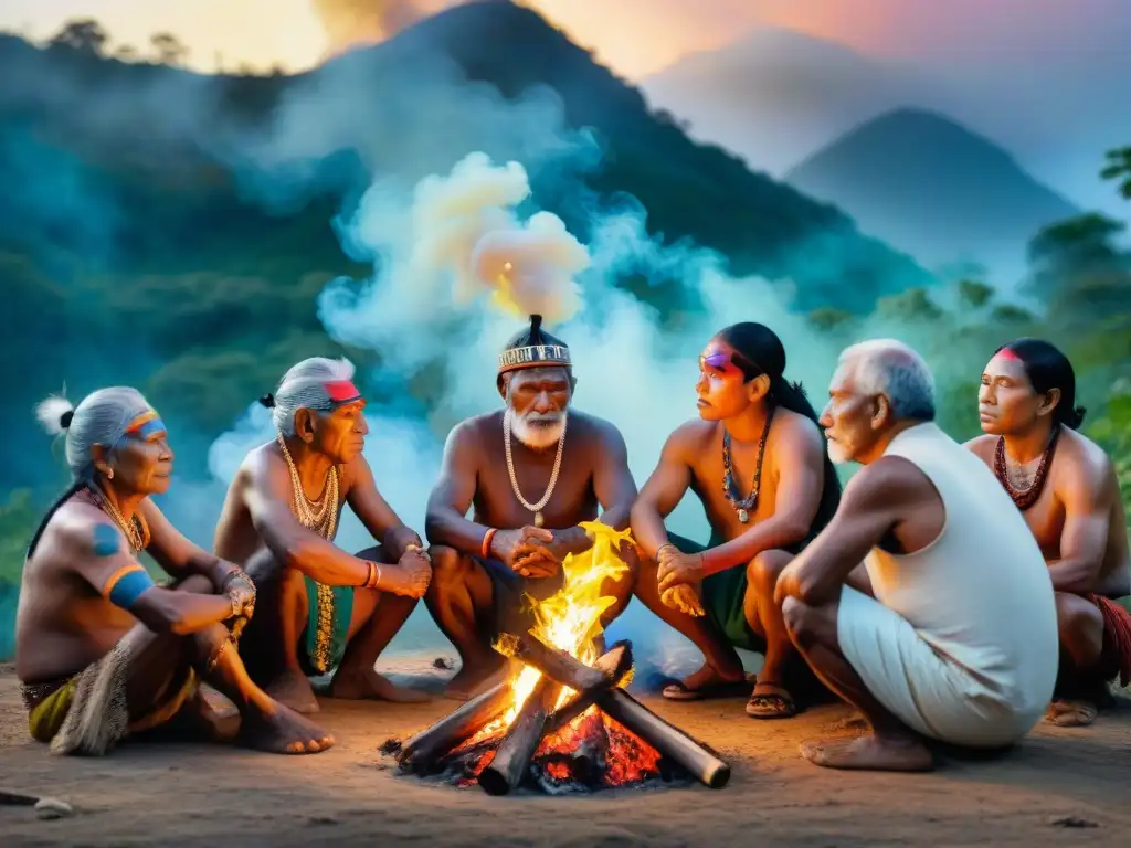 Elders indígenas en ceremonia tradicional, vestidos con atuendos coloridos, rodeados de naturaleza