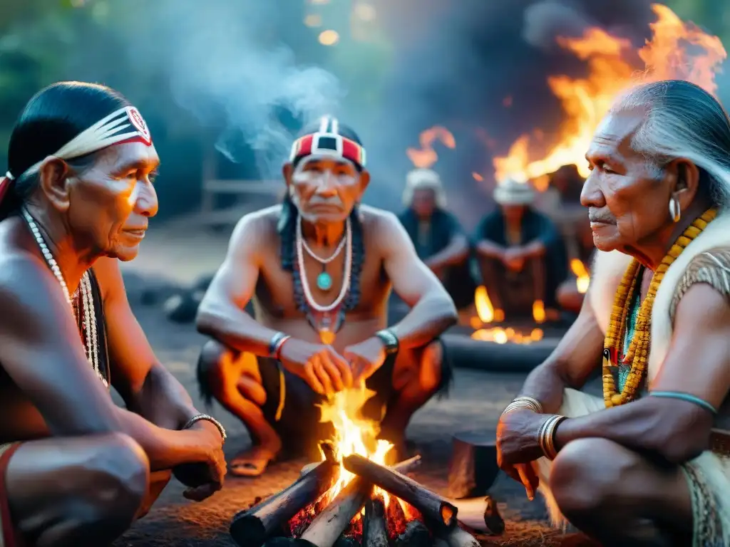 Elders indígenas en conversación alrededor del fuego, resplandeciendo una importancia espiritual en lenguas indígenas de las Américas