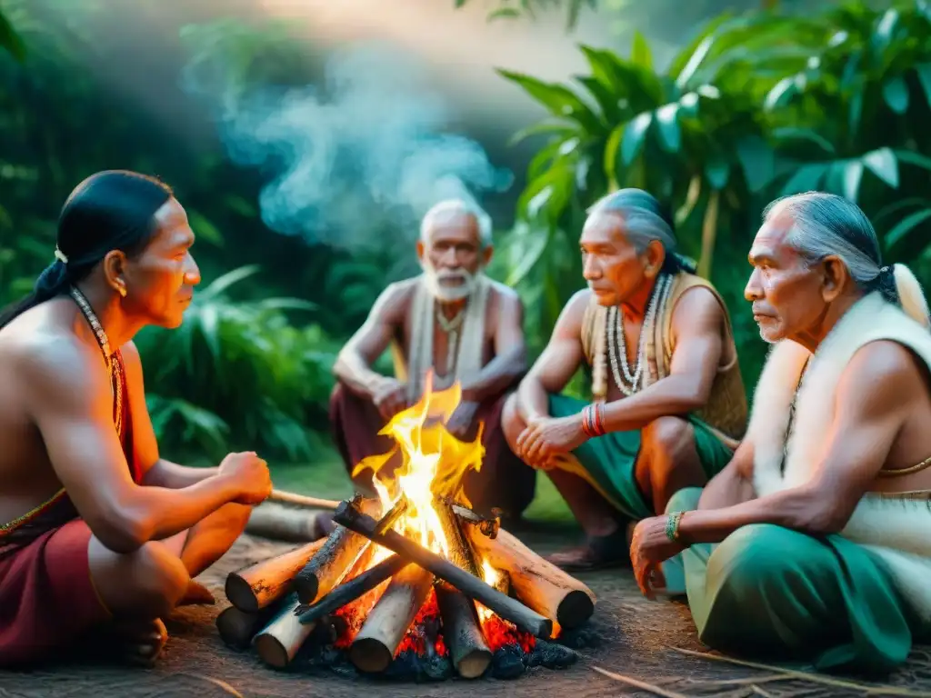 Elders indígenas comparten sabiduría alrededor del fuego en la selva