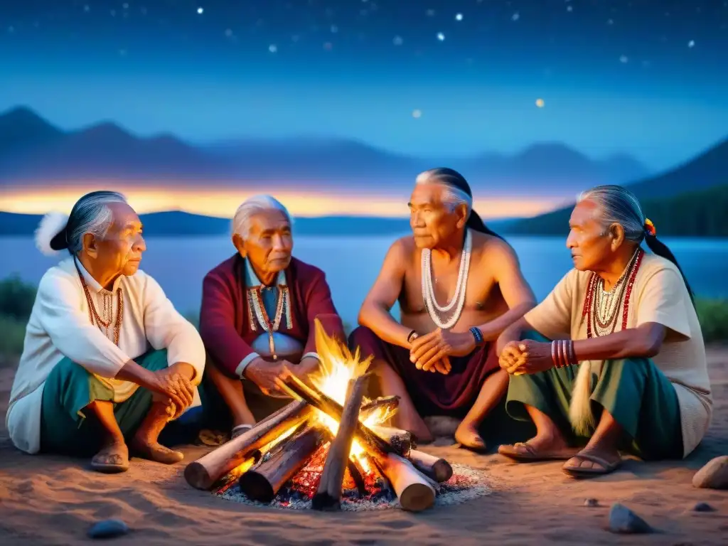 Elders indígenas comparten historias alrededor de la fogata, reflejando sabiduría y resiliencia en un ambiente nocturno estrellado