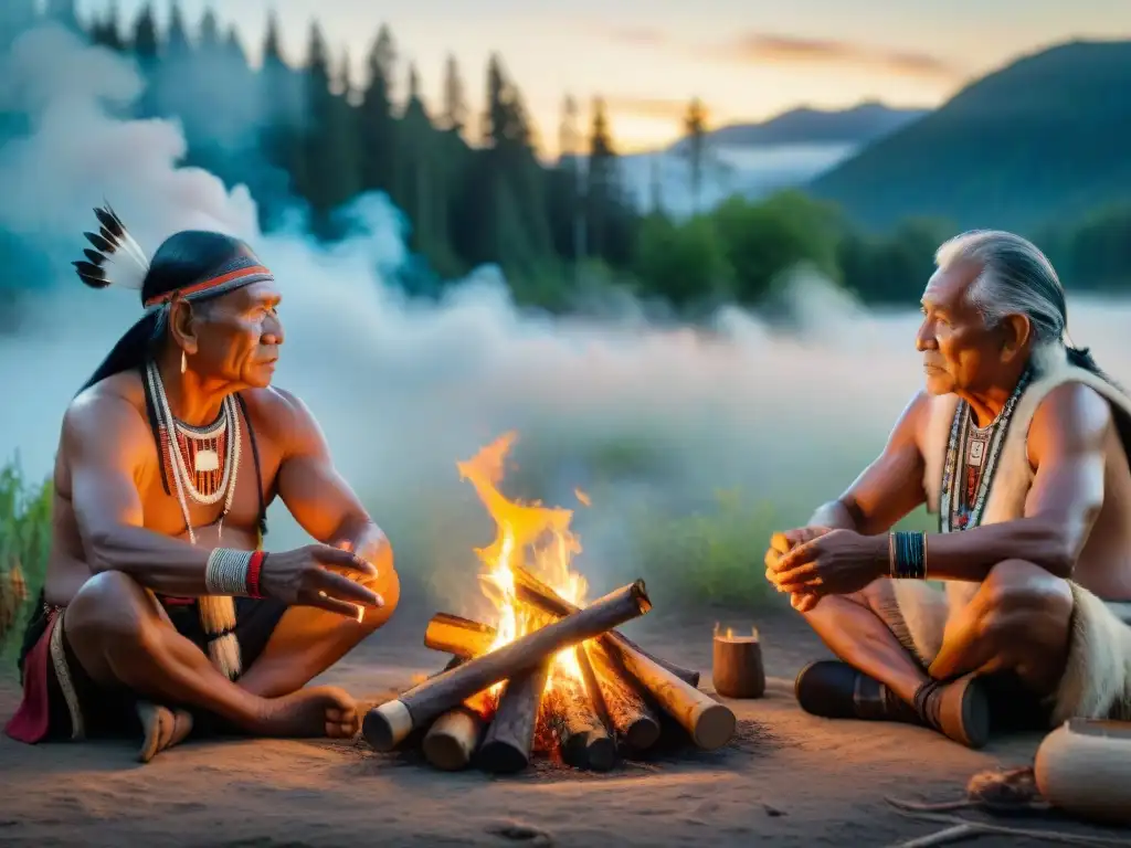 Sabiduría ancestral alrededor del fuego: tradiciones indígenas vivas Elders indígenas comparten historias alrededor de fogata en bosque, estrategias comunidades indígenas cultura