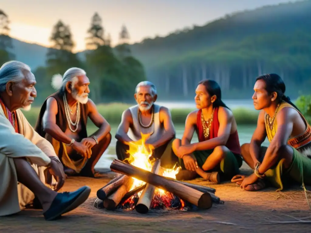 Elders indígenas comparten historias alrededor del fuego en la selva, preservación historias indígenas plataformas interactivas