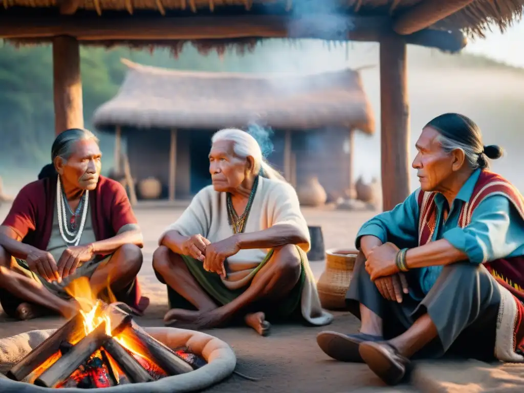 Elders indígenas comparten historias alrededor del fuego en una escena rica en sabiduría y tradiciones de la literatura oral indígena Américas