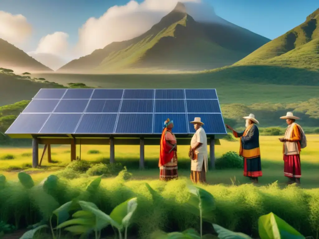 Elders indígenas admirando paneles solares en paisaje verde: fusión ancestral y energías renovables indígenas América