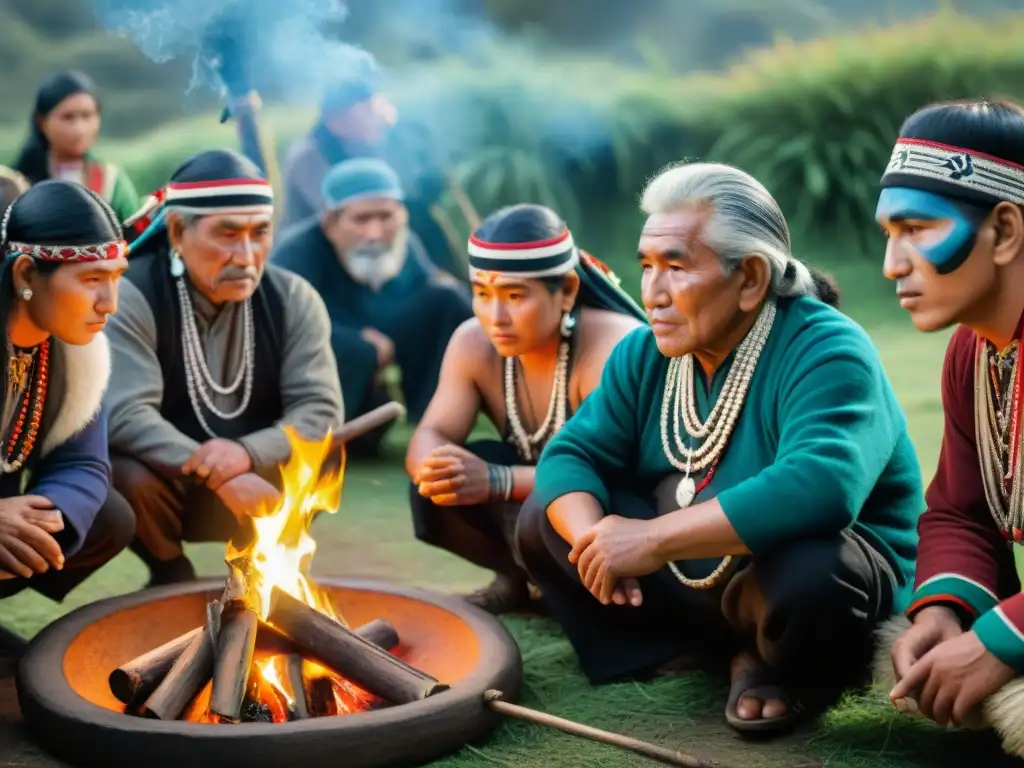 Elders y jóvenes Mapuche comparten mitos creación en fogata ceremonial, rodeados de naturaleza exuberante en Chile