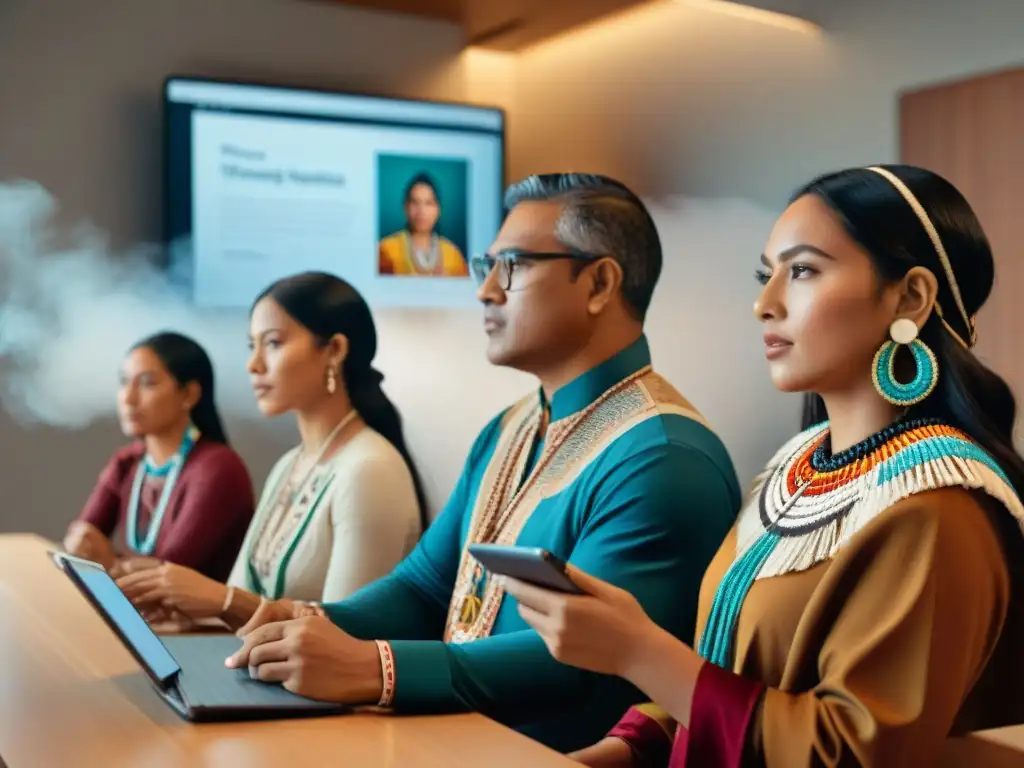 Un emocionante aula virtual con estudiantes indígenas de las Américas, conectados a plataformas educativas, aprendiendo sobre historia indígena