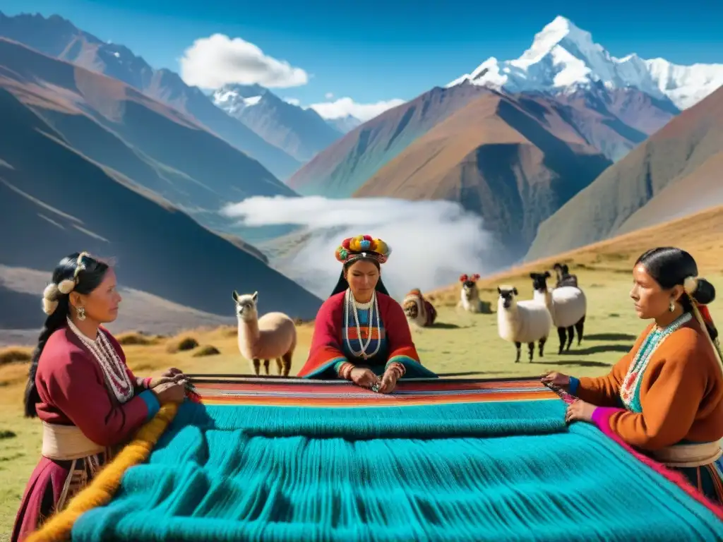 Una emocionante ceremonia de tejido indígena en los Andes, mujeres creando coloridas telas a mano, rodeadas de llamas y alpacas