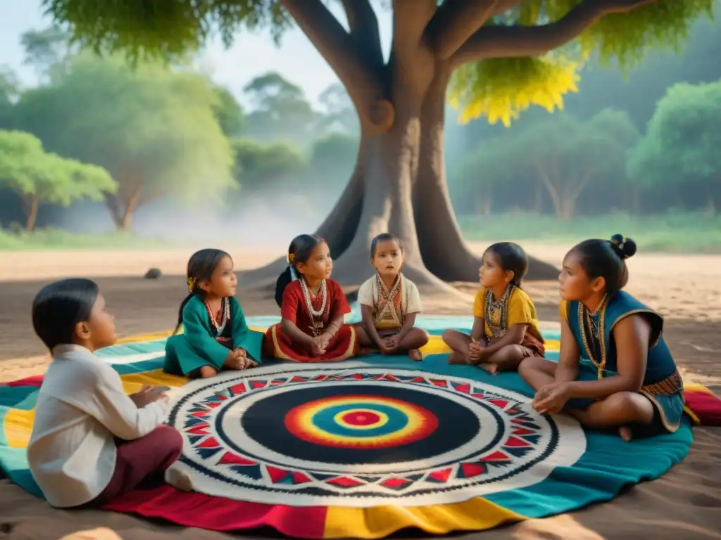 Un emocionante futuro bilingüe para hablantes indígenas, niños aprendiendo tradiciones bajo un árbol