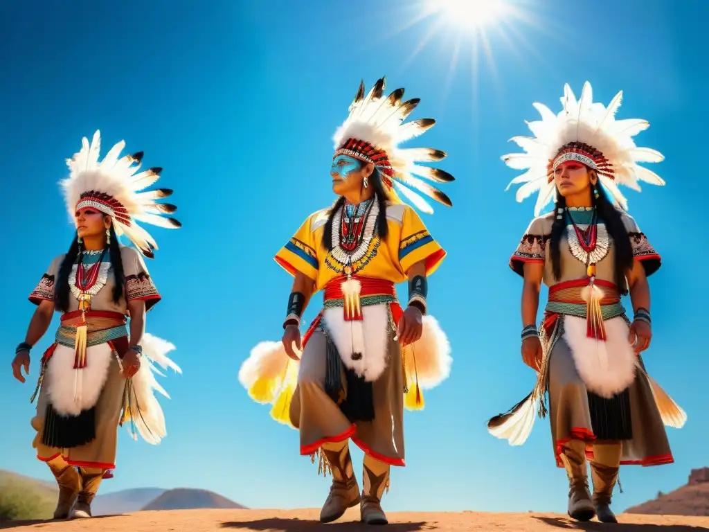 Emotiva Ceremonia del Sol tribus nativas: danza ancestral bajo el sol brillante, vestimenta colorida y paisaje sagrado