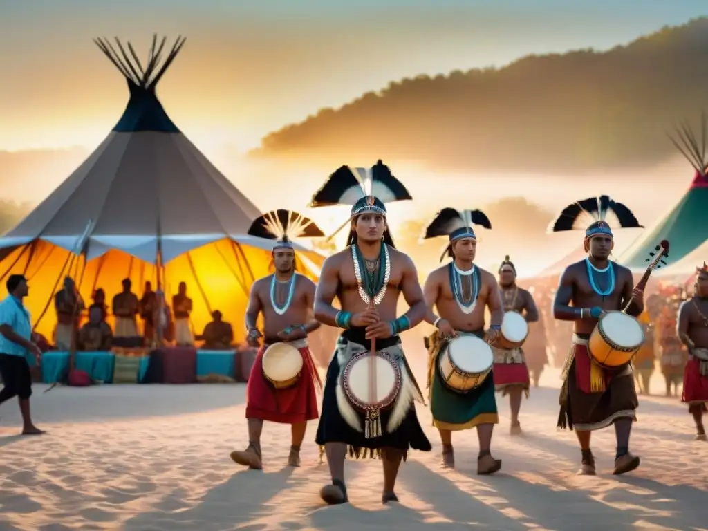 Emotiva escena de festivales indígenas música tradicional al atardecer, con músicos y espectadores inmersos en la cultura