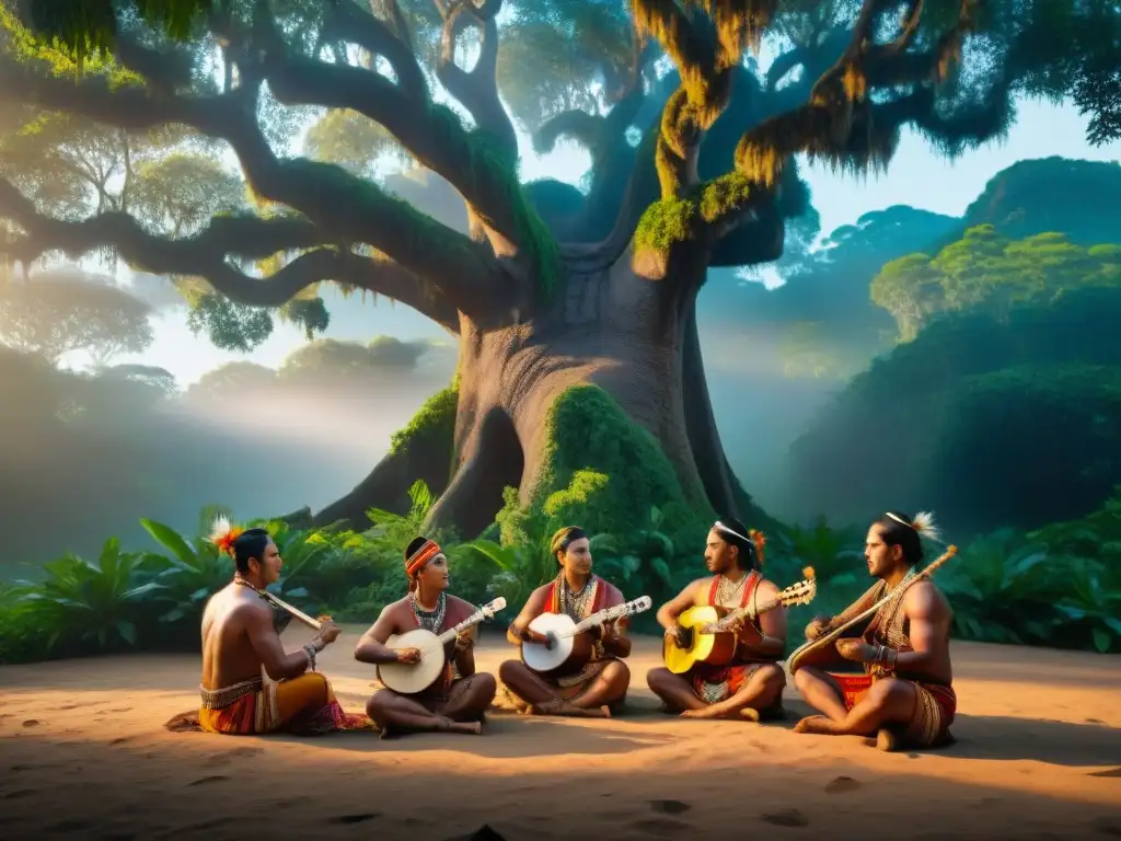 Emotiva escena de músicos indígenas tocando instrumentos tradicionales bajo un árbol ancestral en la selva