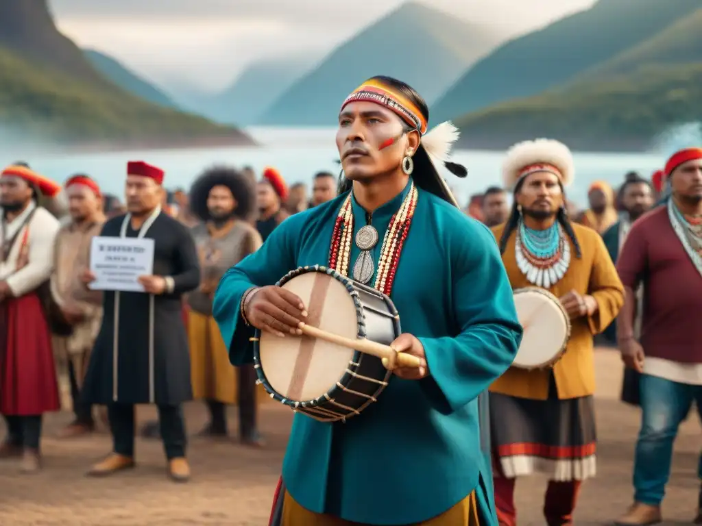 Emotiva escena de músicos indígenas tocando instrumentos tradicionales en una protesta, rodeados de una multitud diversa con carteles de unidad y resistencia