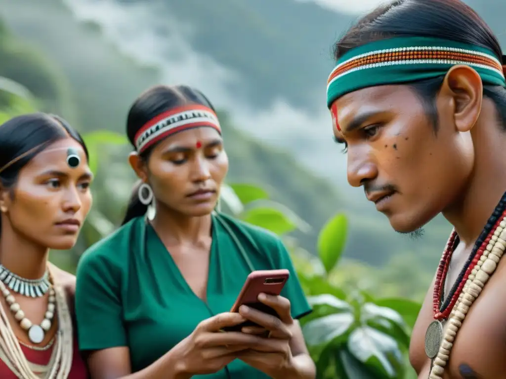 Una emotiva escena de personas indígenas interactuando con una aplicación móvil para preservar lenguas nativas en la selva