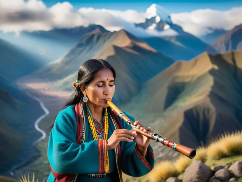 Emotiva imagen de músico andino tocando quena frente a los majestuosos Andes, reflejando la música tradicional de los Andes