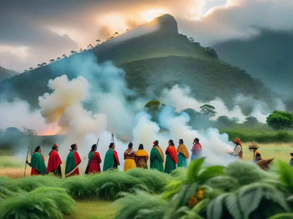 Emotiva repatriación de restos indígenas en América, ceremonia ancestral en paisaje exuberante