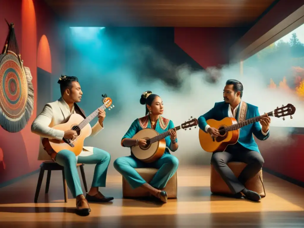 Un emotivo retrato de músicos indígenas fusionando instrumentos tradicionales con modernos en un estudio contemporáneo