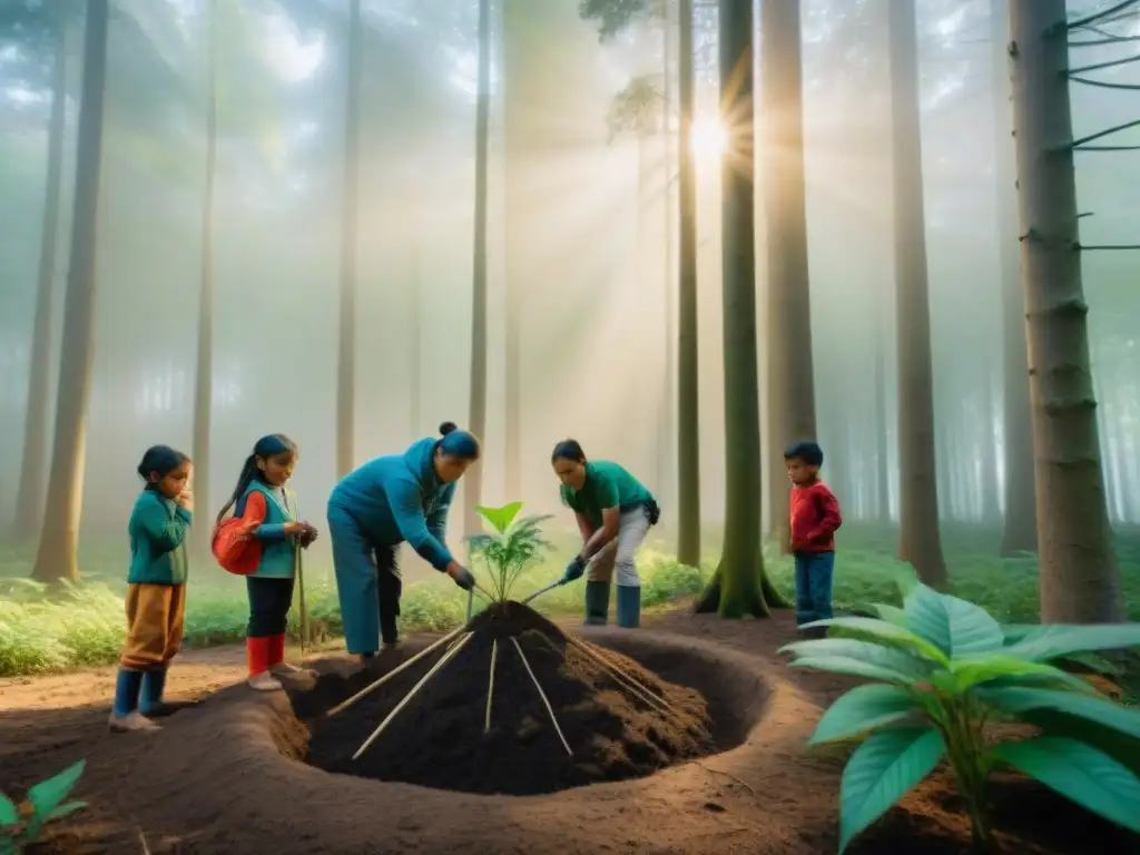 Reforestación indígena: educación y empoderamiento en un bosque exuberante con niños y ancianos plantando árboles