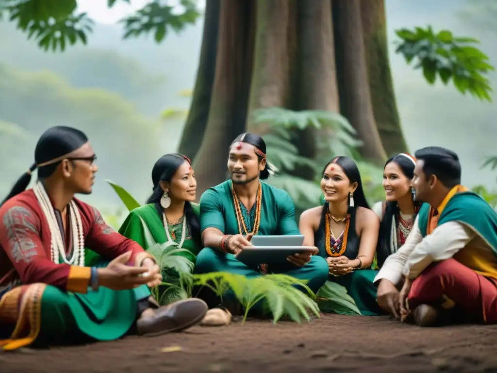 Emprendimientos indígenas éxito económico: Grupo de emprendedores en traje tradicional debatiendo bajo un árbol en la selva