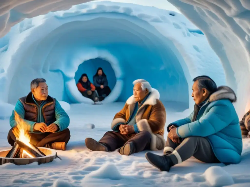Encuentro de ancianos inuit en iglú nevado, expresando sabiduría y resistencia ante desafíos