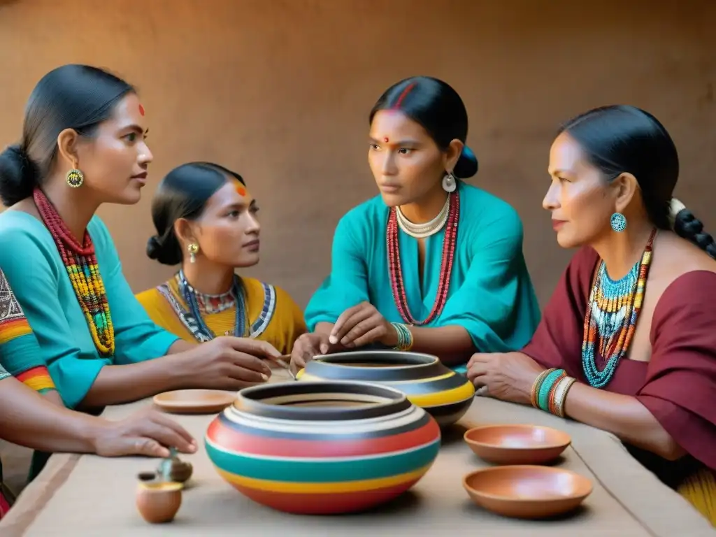 Un encuentro de artesanos indígenas en mesa llena de productos artesanales, transmitiendo empoderamiento económico comunidades artesanas