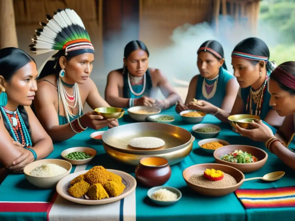 Un encuentro ceremonial de culturas indígenas de las Américas alrededor de una mesa con platos ceremoniales coloridos e intrincados