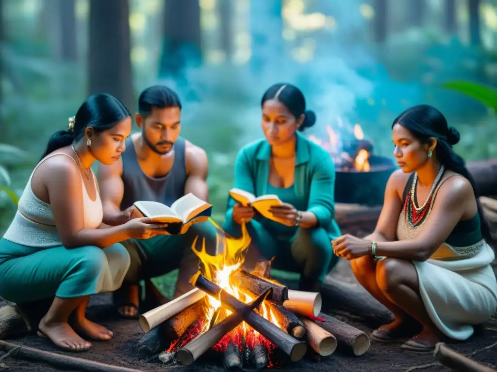 Encuentro de poetas indígenas alrededor de fogata en el bosque, resalta la influencia de lenguas indígenas en la poesía moderna