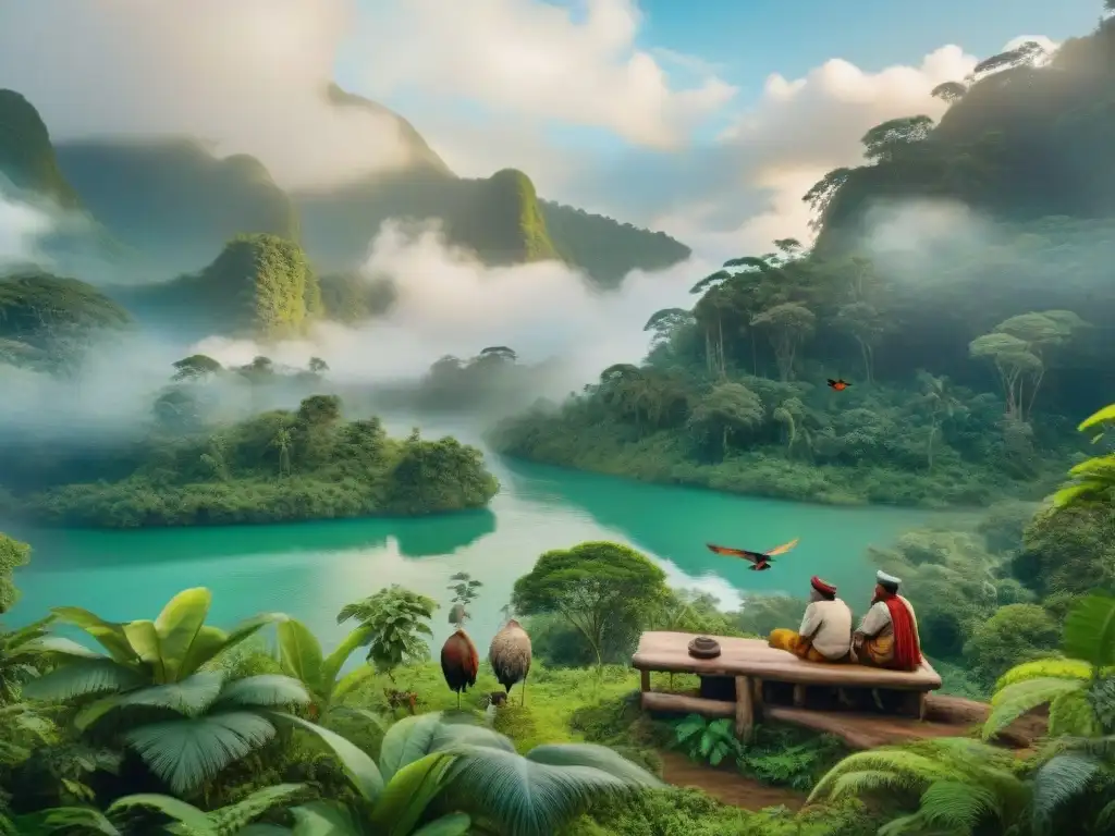 Un encuentro entre sabiduría ancestral y tecnología moderna en la selva, donde los ancianos indígenas interpretan señales ambientales