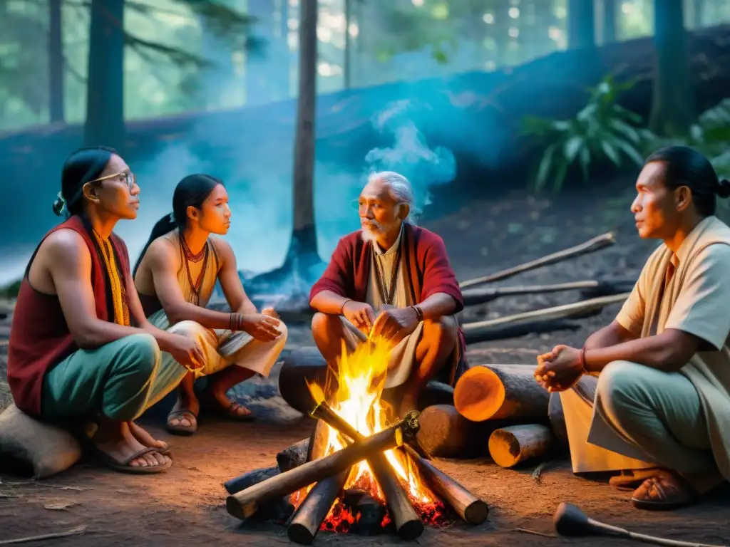 Encuentro de sabiduría: ancianos indígenas y jóvenes estudiosos compartiendo conocimientos en la ciencia moderna alrededor de una fogata en el bosque