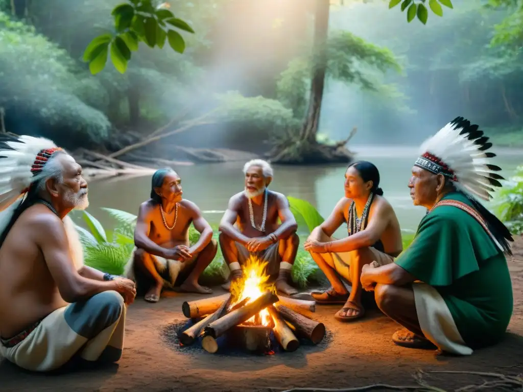 Enseñanzas indígenas sobre medio ambiente: Ancianos tribales en un bosque, con atuendos ceremoniales y sabiduría ancestral alrededor de una fogata
