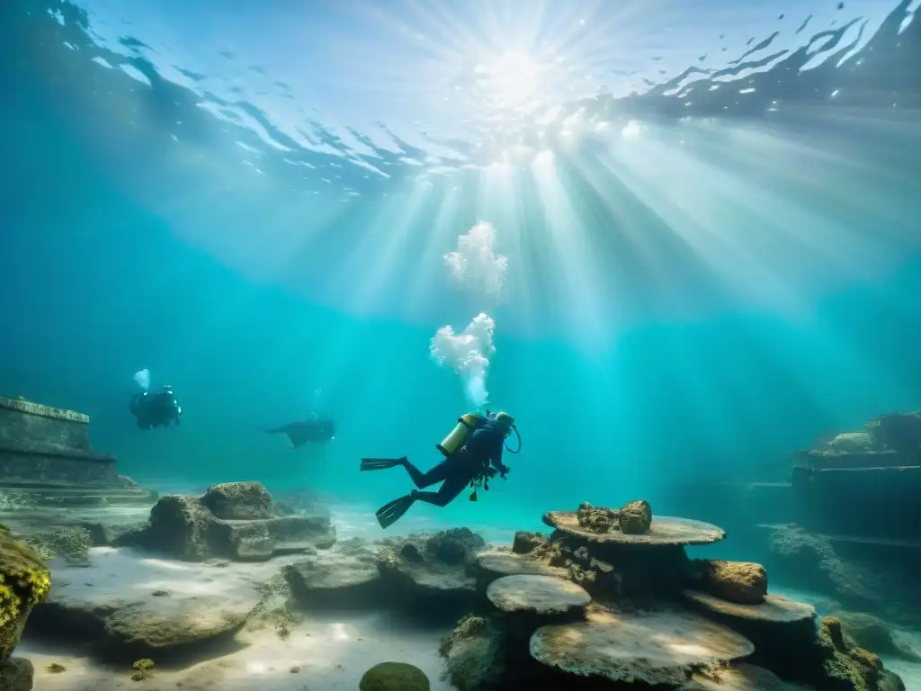 Equipo de arqueólogos subacuáticos excavando descubrimientos arqueológicos en las aguas mayas del Yucatán