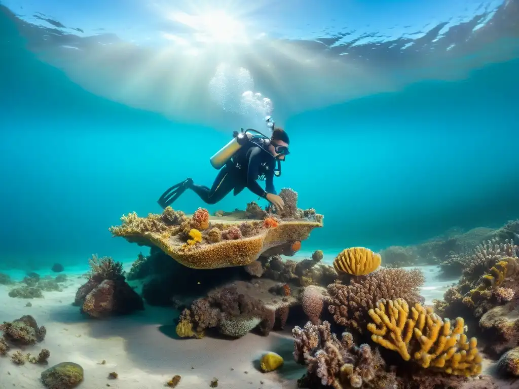 Equipo de arqueólogos submarinos preservando artefacto indígena sumergido