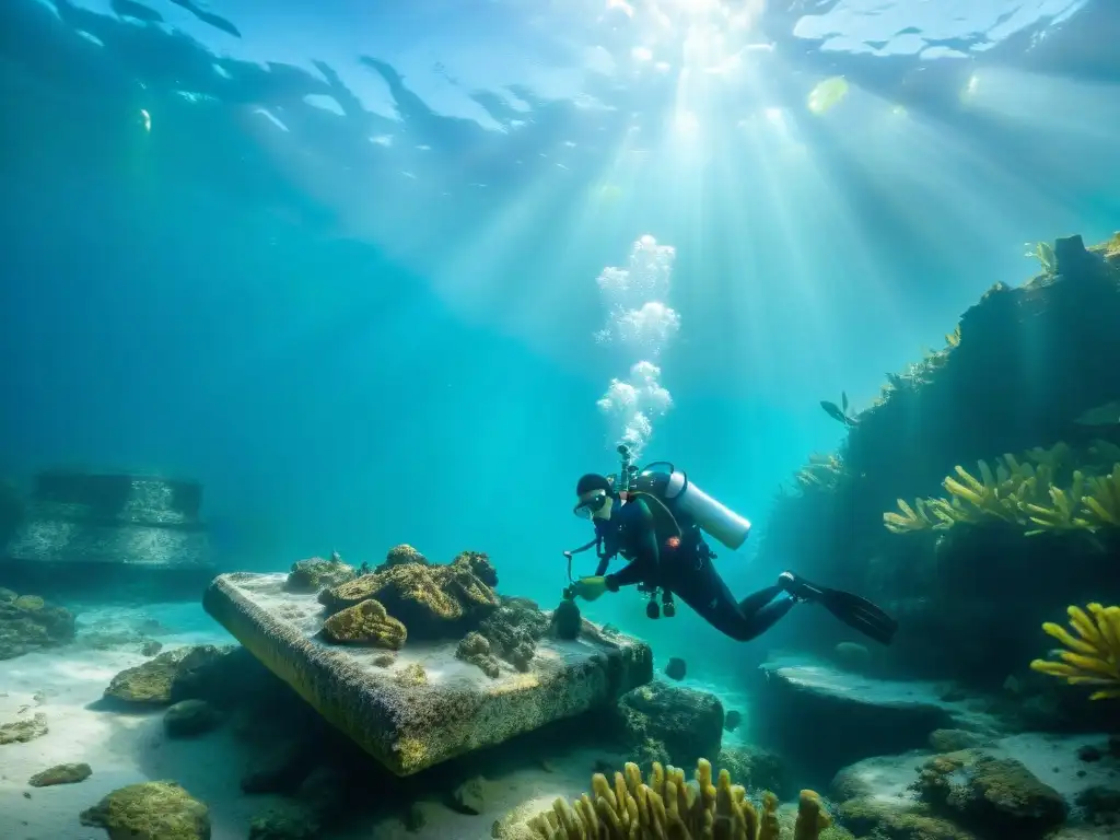 Equipo de arqueólogos submarinos excavando un artefacto maya en aguas cristalinas rodeados de vegetación exuberante