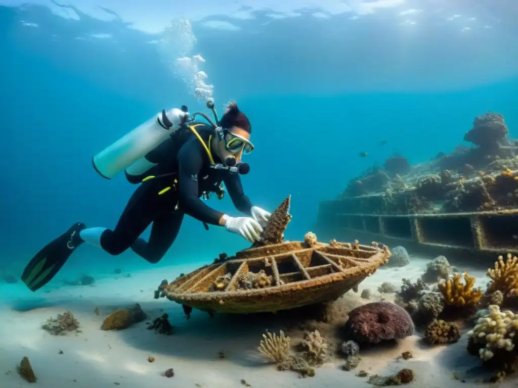 Equipo de arqueólogos submarinos preservando artefactos indígenas sumergidos