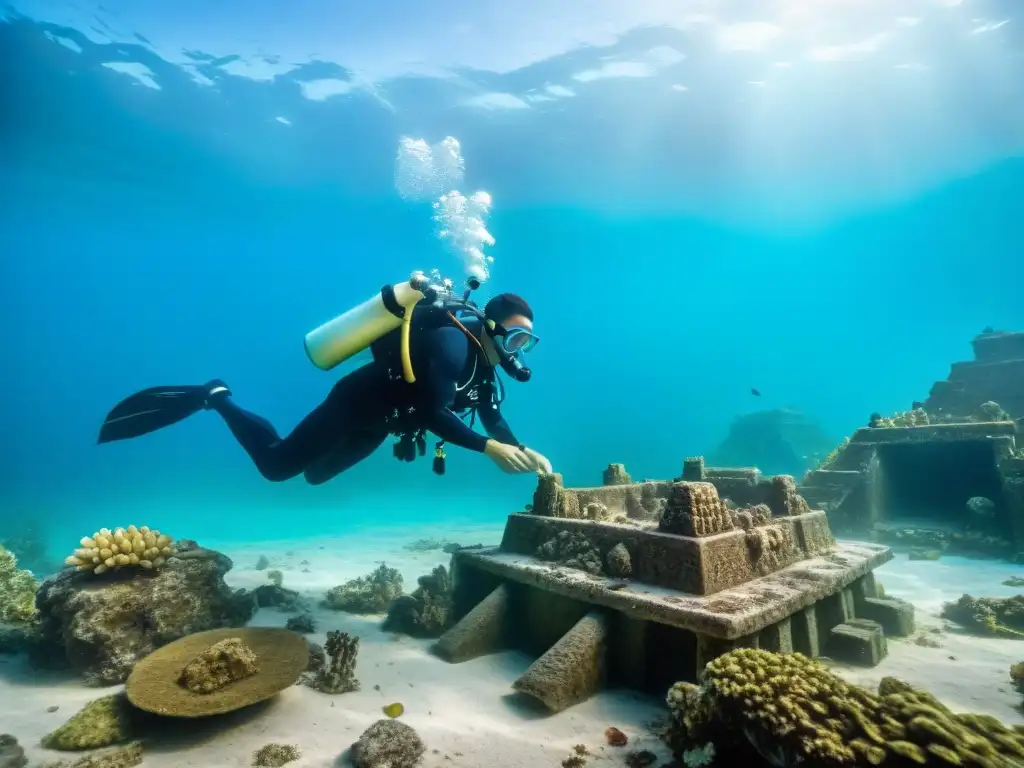 Equipo de arqueólogos submarinos excavando sitio maya hundido en aguas cristalinas llenas de vida marina