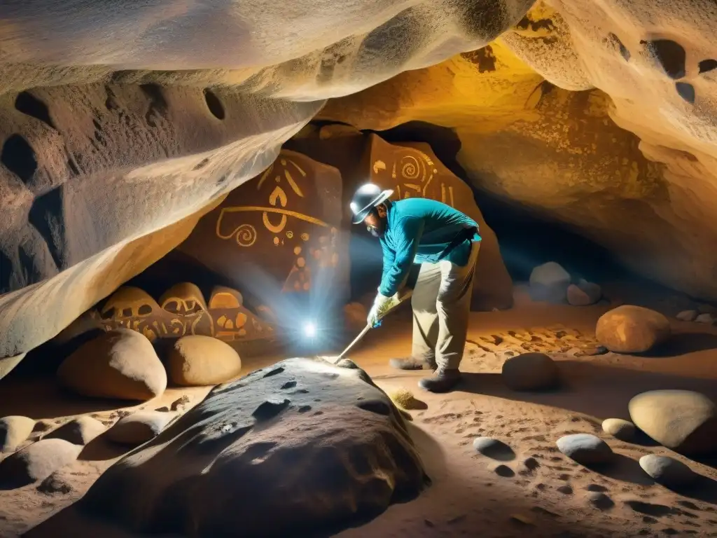 Equipo de conservación cuidando arte rupestre indígena con esmero en una cueva remota