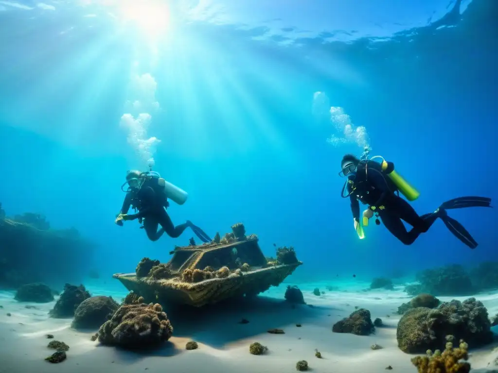 Equipo de buceadores preservando artefactos indígenas sumergidos en un océano cristalino