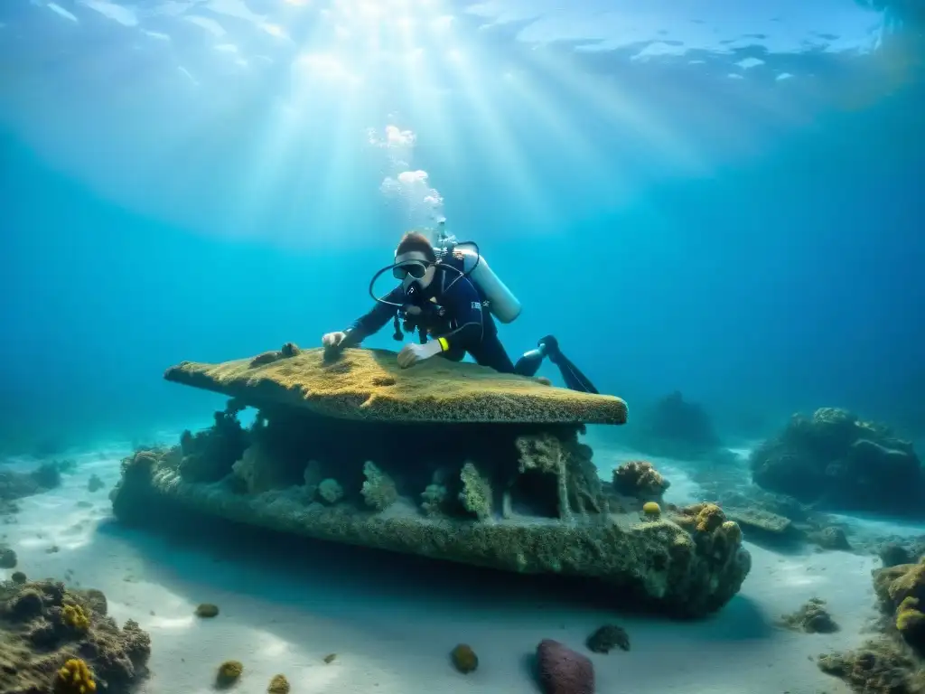 Equipo de buceadores preservando artefactos indígenas sumergidos en sitio arqueológico submarino